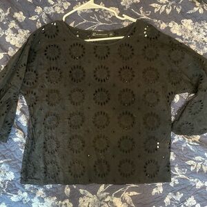 New York & Company Black Eyelet Boxy 3/4 Sleeve Blouse